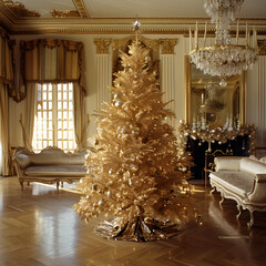 Gold Christmas tree in an elegant room 