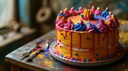 Fototapeta na wymiar the vibrancy of a Holi-themed cake adorned with bright colors, playful decorations, and festive details