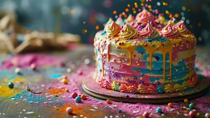 Fototapeta na wymiar the vibrancy of a Holi-themed cake, adorned with bright colors, playful decorations, and festive details