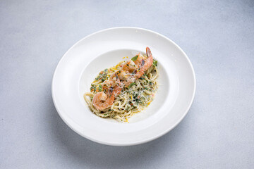 Pasta with shrimps, garlic and parmesan cheese