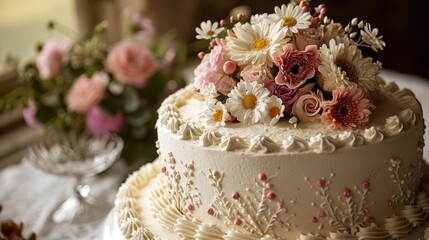 Obraz na płótnie Canvas Wedding Anniversary-themed cake adorned with romantic details, floral motifs, and timeless decorations, set against a romantic backdrop