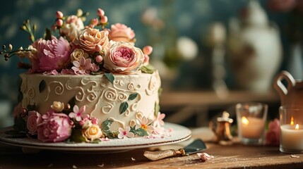 Obraz na płótnie Canvas Wedding Anniversary-themed cake, adorned with romantic details, floral motifs, and timeless decorations, set against a romantic backdrop