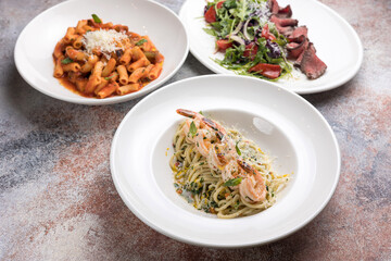 Pasta with shrimps, garlic and parmesan cheese