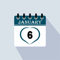 Icon calendar day - 6 January. 6th days of the month, vector illustration.