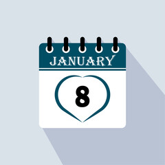 Icon calendar day - 8 January. 8th days of the month, vector illustration.