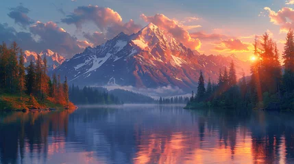 Gordijnen sunset in the mountains behind a lake © Tolia