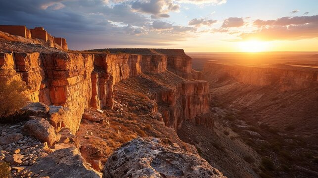 Ancient canyon landscape at sunset depicting ancient cliffs, sprawling landscapes, and the warm glow of dusk