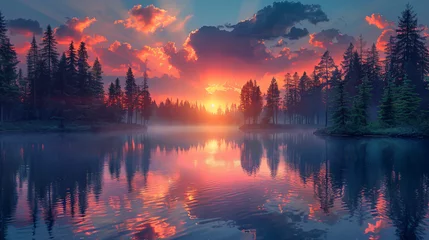 Foto auf Acrylglas Antireflex sunset in the mountains behind a lake © Tolia