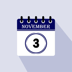 Icon calendar day - 3 November. Days of the month, vector illustration flat style.