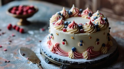 Bastille Day-themed cake adorned with French-inspired decorations, tricolor motifs, and elegant details, set against a Parisian backdrop