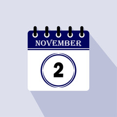 Icon calendar day - 2 November. 2nd days of the month, vector illustration.