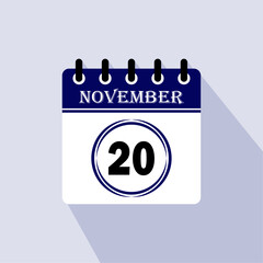 Icon calendar day - 20 November. 20th days of the month, vector illustration.