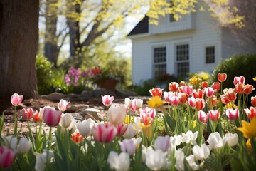 A cottage garden with a blooming colorful tulips flowers in the spring