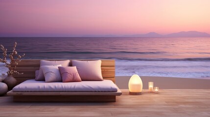 beauty minimalist beach setting with expansive copy space, accentuated by the soothing glow of twilight, creating a tranquil and dreamy atmosphere