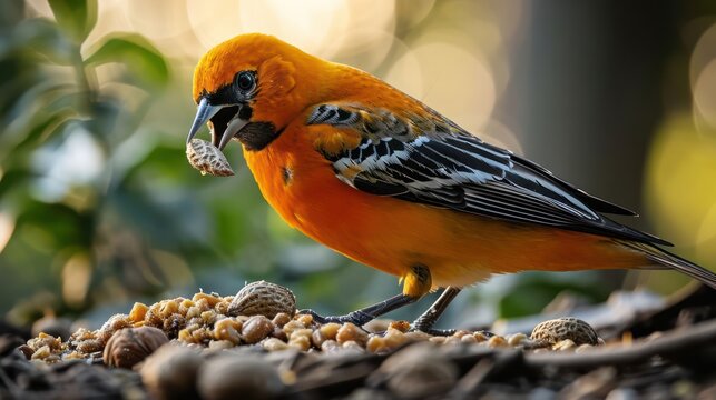 beauty of a Oriole bird indulging in a nutty delight, with its vibrant orange plumage and distinctive feeding behavior, set against a sunny atmosphere