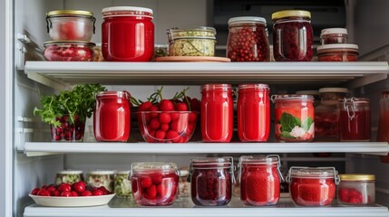Red food on the shelves of the fridge