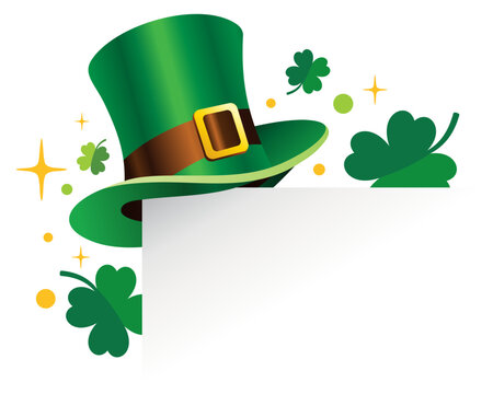 Leprechaun hat clipart, clover frame isolated on white background, St. Patrick's day, Patrick hat, 
shamrock border, card, party, poster, banner, flyer, vector illustration for Happy St. Patrick's day