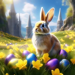 Foto op Canvas Easter bunny in an Easter basket with Easter eggs on a green meadow. Daffodils © Martin