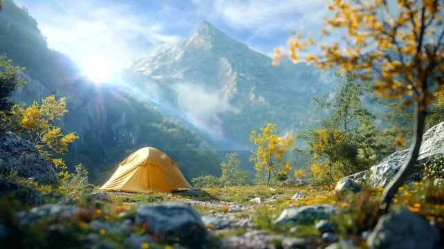 Tent in the mountains. Seamless looping time-lapse 4k video animation background