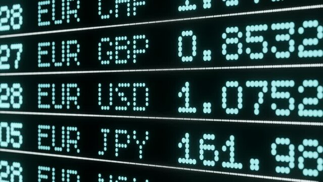 Euro currency rates to US dollar, British pound, Japanese yen on the screen. Trading information , EUR USD, JPY, GBP or CHF rates. Stock market and exchange, global business, performance.