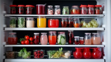 Red food on the shelves of the fridge