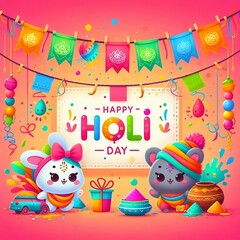 Obraz na płótnie Canvas Holi Day festival greeting invitation card hanging on the string rainbow background, social media poster Vector Illustration Background with space for copy created with generative ai