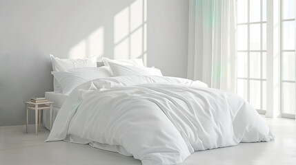 Luxurious bedroom with a window, with a large empty double bed with white linens and pillows. Comfortable sleep