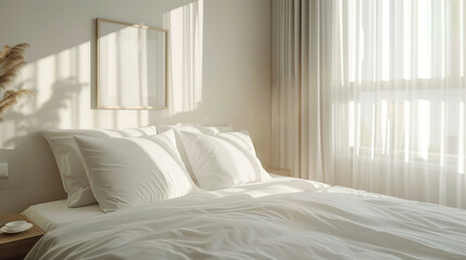 Luxurious bedroom with a window, with a large empty double bed with white linens and pillows. Comfortable sleep