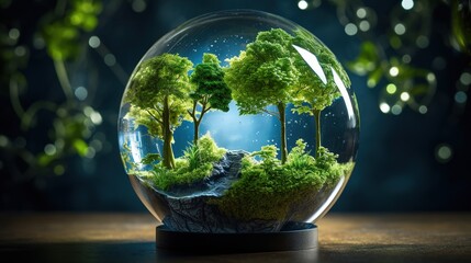 Green trees in a crystal layer. Ecology and preservation of the environment and the ozone layer concept - obrazy, fototapety, plakaty