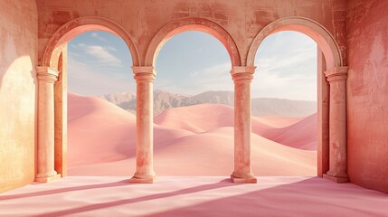 Surreal futuristic desert landscape with pink stone arches portals on a sunny day. Modern minimal abstract background
