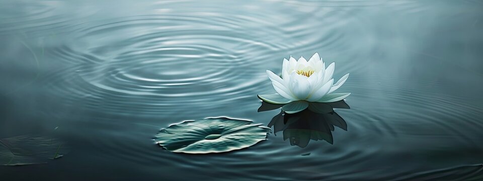 A serene and minimalist scene capturing a single lotus flower floating gracefully on the surface of tranquil, still water. The scene exudes a sense of peace and meditation, with the gentle ripples aro