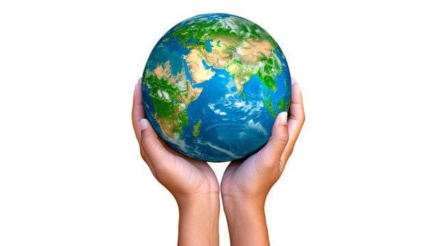 Conceptual symbol of human hands supporting the globe. Unity, world peace, concept of humanity, environmental conservation, ecology. Isolated on transparent background.