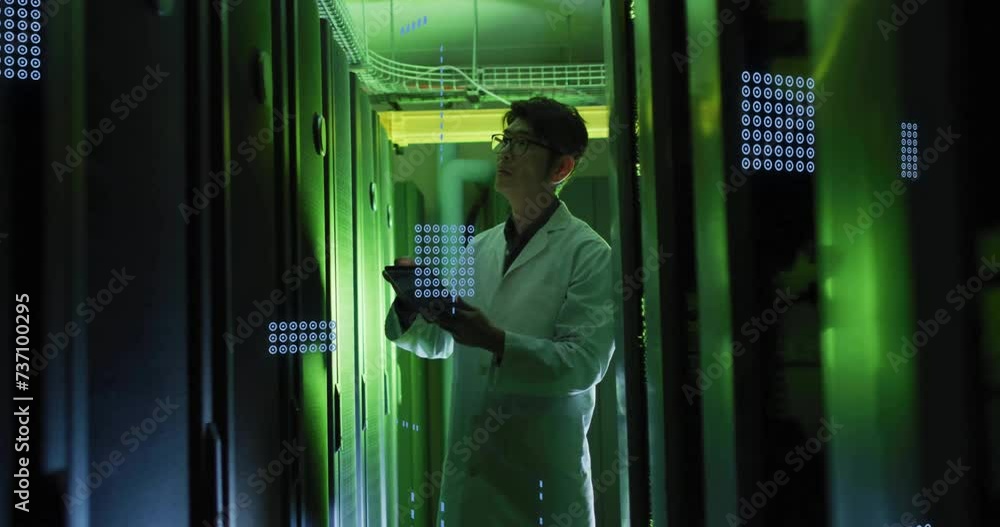 Poster animation of circuit board and data processing over asian male it engineer by computer servers