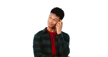 Thinking, confused and man with idea for doubt, planning or frustrated pensive thought. Curious, emoji and face of model for judgement or performance review isolated on a transparent, png background