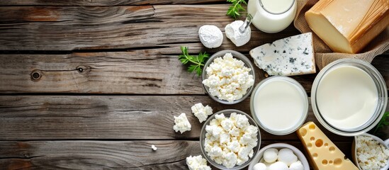 A variety of dairy products are displayed on a hardwood table, including milk, cheese, and butter. These ingredients are essential in many recipes and cuisines - obrazy, fototapety, plakaty