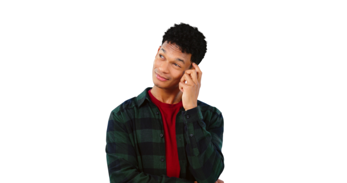 Thinking, confused and man with idea for doubt, planning or frustrated pensive thought. Curious, emoji and face of model for judgement or performance review isolated on a transparent, png background