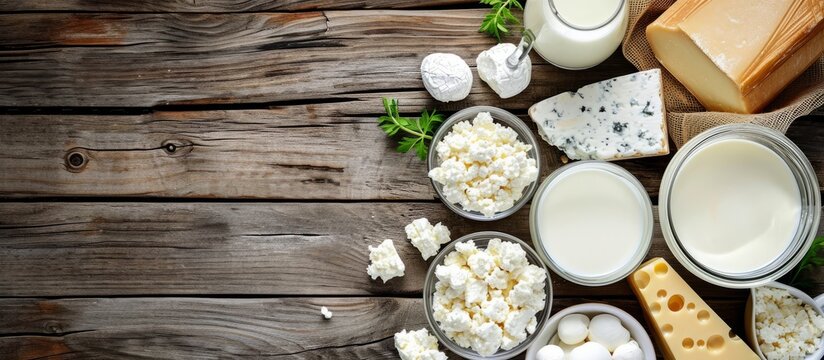 A variety of dairy products are displayed on a hardwood table, including milk, cheese, and butter. These ingredients are essential in many recipes and cuisines