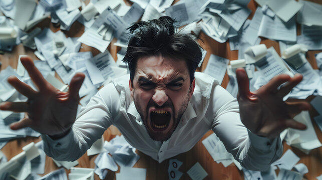 Top view of an angry desperate mad crazy businessman man in the office looking up cluttered with paper shouts, rush at work stress concept