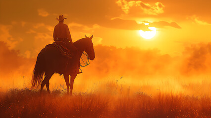 An iconic cowboy on horseback walks in solitude, his figure illuminated by the golden light of the setting sun.