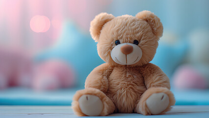 Brown teddy bear, close up view, blurred pink and blue color room background.