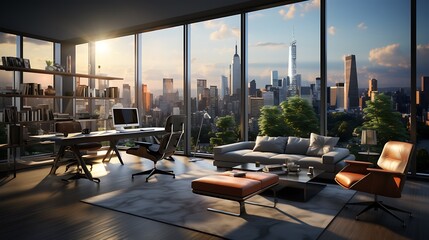chic modern office with floor to celling window ,urban skyline and stylish decor.3d rendering