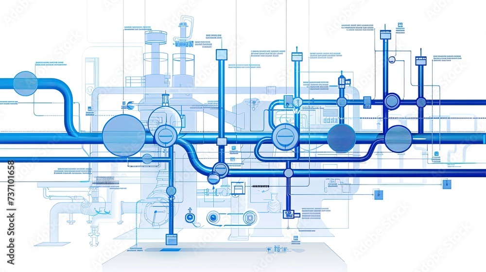 Poster a technical system with blue lines connecting different flow states