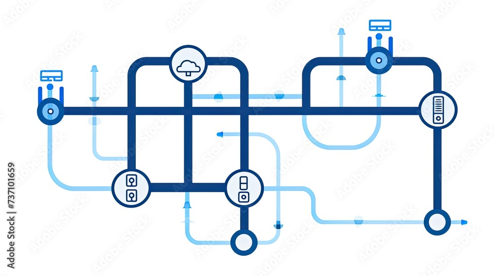Poster a technical system with blue lines connecting different flow states