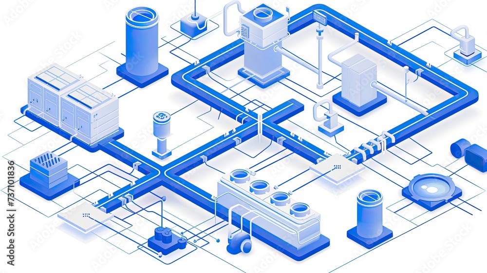 Poster a technical system with blue lines connecting different flow states