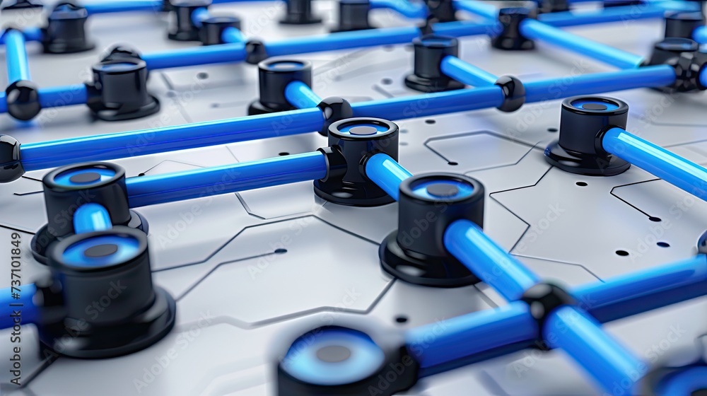 Poster a technical system with blue lines connecting different flow states