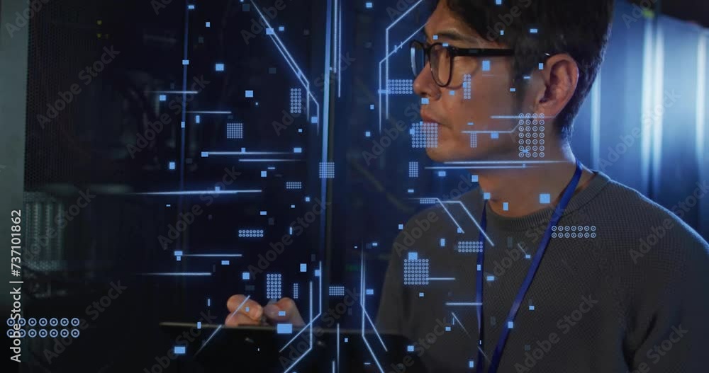 Poster Animation of circuit board and data processing over asian male it engineer by computer servers
