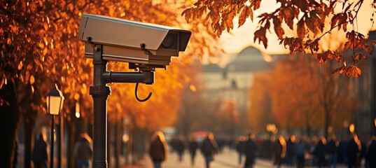 High definition outdoor surveillance camera on blurred background, customizable text space