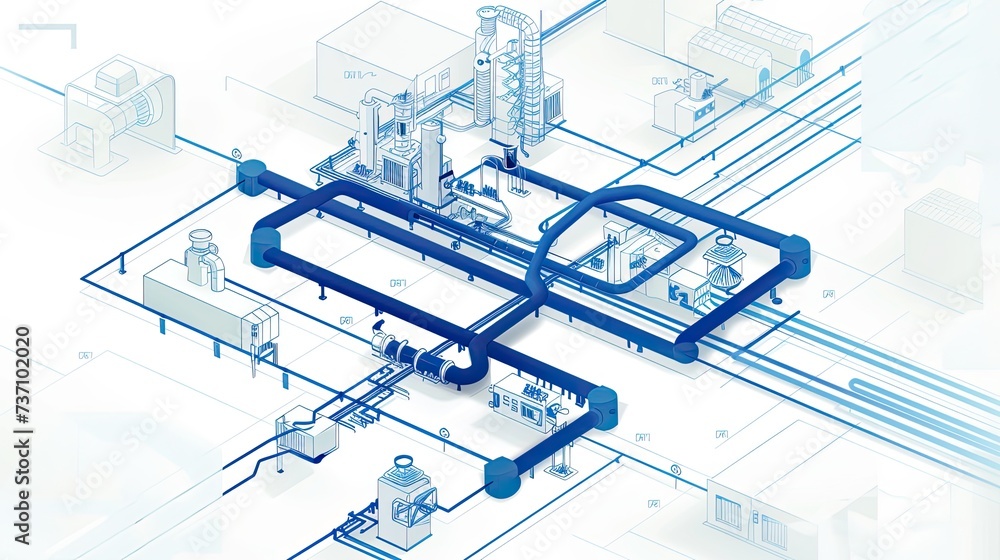 Poster a technical system with blue lines connecting different flow states