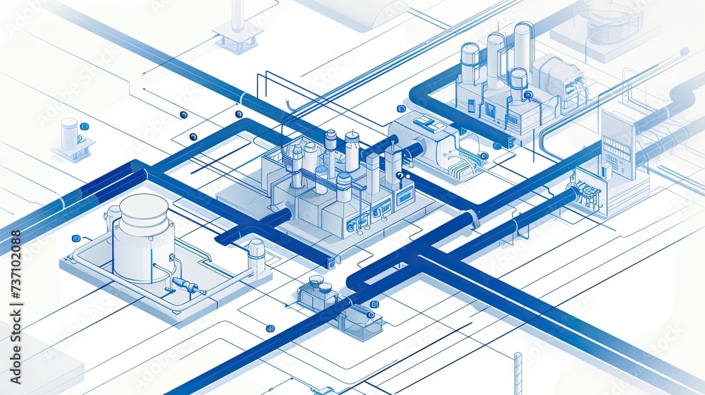 Poster a technical system with blue lines connecting different flow states