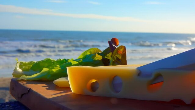 Knife cuts a piece of Maasdam cheese on the background of the Surf of the Atlantic Ocean